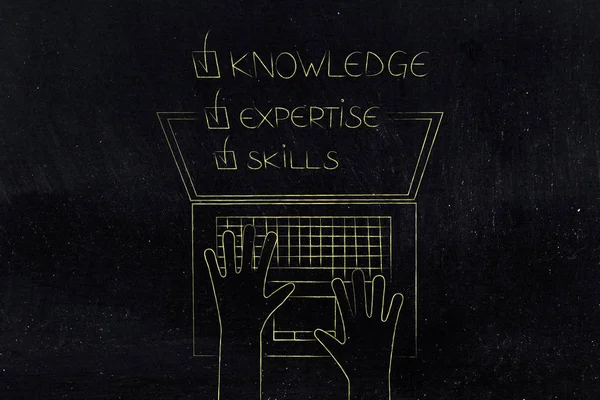 knowledge expertise skills ticked off caption popping out of laptop screen from above, concept of online education