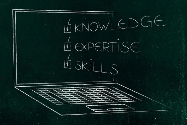 knowledge expertise skills ticked off caption popping out of laptop screen, concept of online education