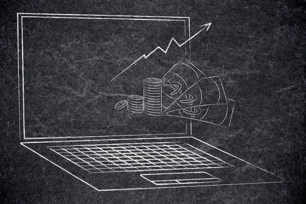 cash and profit growth stats popping out of laptop screen, concept of online businesses and income