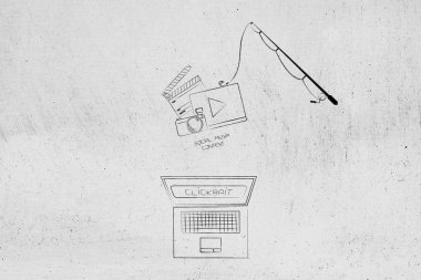 clickbait çevrimiçi içerik üzerinde kavramı: laptop ekran ve olta üzerindeki sosyal medya içerikli Clickbait metin ile