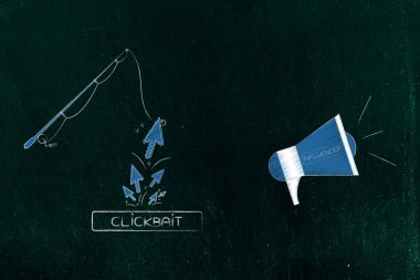 clickbait çevrimiçi içerik üzerinde kavramı: olta ciickbait düğme ve grup fare işaretçisini tıklama ondan etkileyen'ın megafon simgenin geliyor