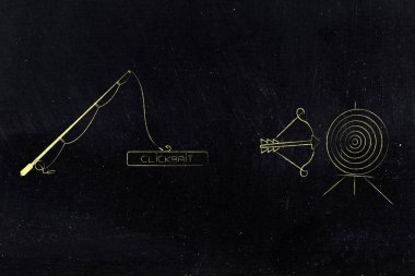 clickbait çevrimiçi içerik üzerinde kavramı: olta hedef ve ok simgesinin yanındaki clickbait düğmesini basılı