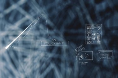 clickbait çevrimiçi içerik üzerinde kavramı: Web sitesi sosyal medya ve internet kampanya clickbait düğmesini tutarak olta yanındaki simgeler