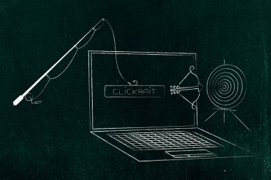 clickbait çevrimiçi içerik üzerinde kavramı: ok ve hedef olan dizüstü bilgisayar önünde clickbait düğmesini tutarak olta