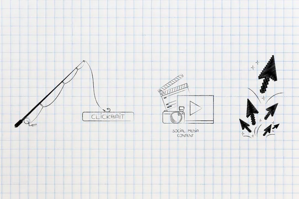 Концепция Кликбейта Онлайн Контенте Рыболовный Стержень Удерживающий Clickbaitbutton Рядом Иконкой — стоковое фото
