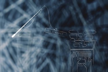 clickbait çevrimiçi içerik üzerinde kavramı: olta laptop Kullanıcı yorum dışarı onun ekran geliyor ve bol doğru clickbait düğmesini basılı