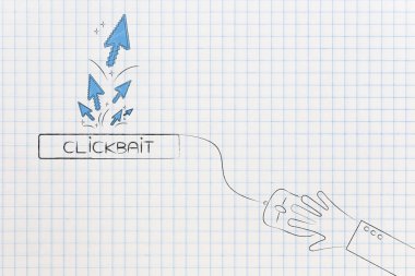 clickbait çevrimiçi içerik üzerinde kavramı: fare işaretçisini grup ile clickbait düğmesini tıklattığında ondan geliyor ve laptop fare el tıklayarak ile kendisine bağlı