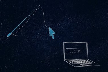 clickbait çevrimiçi içerik üzerinde kavramı: fare işaretçisinin yanında laptop ile Clickbait düğme üstünde belgili tanımlık perde tutarak olta