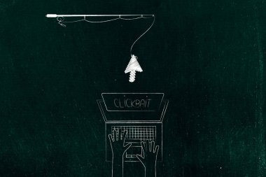 clickbait çevrimiçi içerik üzerinde kavramı: olta dizüstü Clickbait düğmesini kullanarak ekran ve Kullanıcı klavyede yazarak üzerinde fare işaretçisini holding