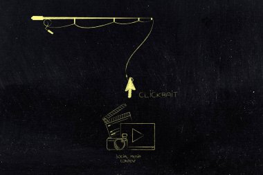 clickbait çevrimiçi içerik üzerinde kavramı: sosyal medya içerik simgesinin üzerine fare işaretçisini clickbait tutarak olta