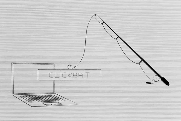 Concept Clickbait Sur Contenu Ligne Canne Pêche Tenant Clickbait Bouton — Photo