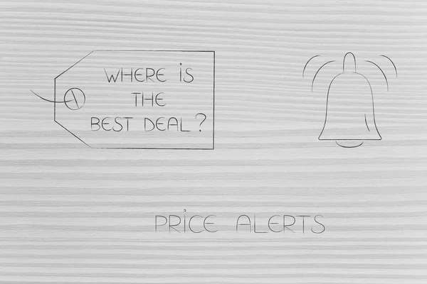 where is the best deal conceptual illustration: price tag with text next to notification bell icon