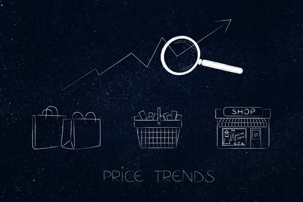 find best deal conceptual illustration: shopping icons with magnifying glass analysing price trend stats and caption