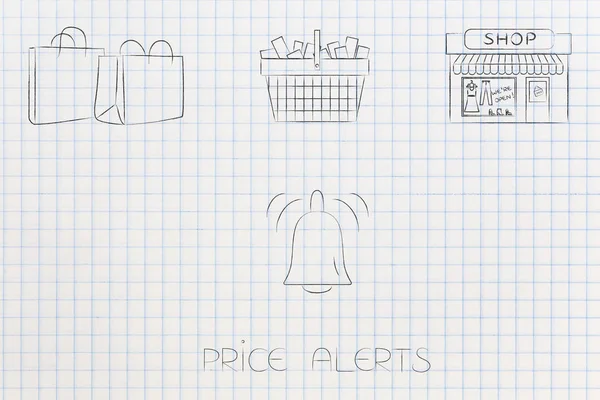 find best deal conceptual illustration: shopping bags basket and store with price alert notification bell ringing below