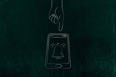 Push bildirimleri ayarlarını ve kavramsal illüstrasyon pazarlama: bildirim zil simgesini ve yaklaşık dokunun için el ile smartphone