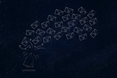 Push bildirimleri ayarlarını ve kavramsal illüstrasyon pazarlama: Grup ondan gelen e-posta zarf ile bildirim çan