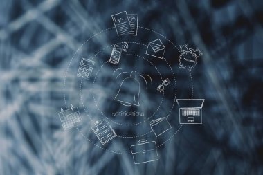 Push bildirimleri ayarlarını ve kavramsal illüstrasyon pazarlama: karışık office simgeleri tarafından çevrili bildirim zil