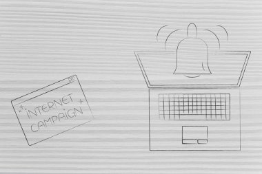 Push bildirimleri ayarlarını ve kavramsal illüstrasyon pazarlama: internet kampanyası laptop ile tebliğ kutsal kişilerin resmi üstünde belgili tanımlık perde yukarıda da görüleceği yanındaki açılır