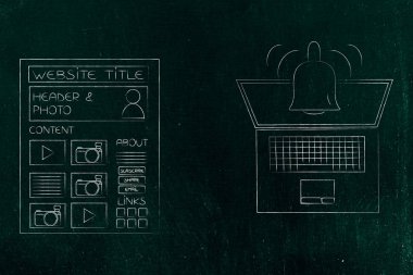 Push bildirimleri ayarlarını ve kavramsal illüstrasyon pazarlama: Web sitesi sayfası bildirim simgesi ekran dışarı haşhaş ile dizüstü yanında