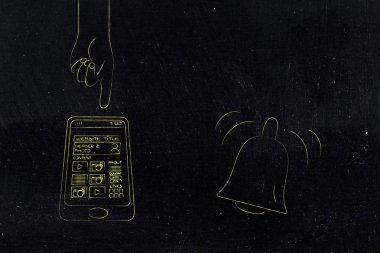 Push bildirimleri ayarlarını ve kavramsal illüstrasyon pazarlama: smartphone ekranda yaklaşık dokunun eliyle ve tebliğ kutsal kişilerin resmi yanında Web sayfa