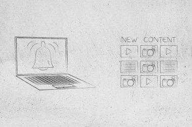 Push bildirimleri ayarlarını ve kavramsal illüstrasyon pazarlama: tebliğ kutsal kişilerin resmi üstünde belgili tanımlık perde ile dizüstü yanında yeni içerik