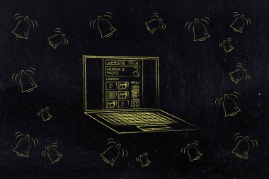 Push bildirimleri ayarlarını ve kavramsal illüstrasyon pazarlama: Web sitesinde bildirim simgeleri tarafından çevrili dizüstü bilgisayar monitörü