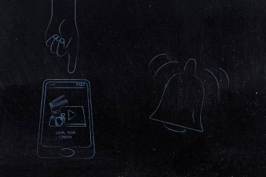 Push bildirimleri ayarlarını ve kavramsal illüstrasyon pazarlama: sosyal medya içerik smartphone ekranında yaklaşık dokunun eliyle ve tebliğ kutsal kişilerin resmi yanında