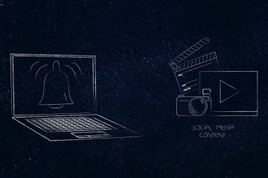 Push bildirimleri ayarlarını ve kavramsal illüstrasyon pazarlama: sosyal medya içerik tebliğ kutsal kişilerin resmi üstünde belgili tanımlık perde ile dizüstü yanında