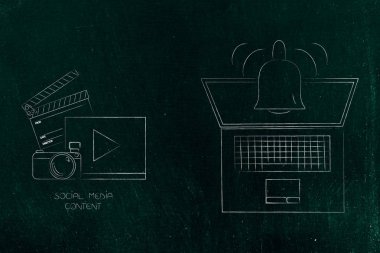 Push bildirimleri ayarlarını ve kavramsal illüstrasyon pazarlama: sosyal medya içerik bildirim simgesi ekran yukarıdan dışarı haşhaş ile dizüstü yanında