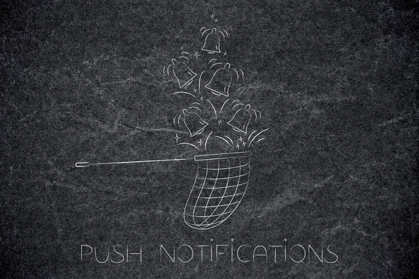 push notifications settings and marketing conceptual illustration: butterfly net catching riniging notification bells