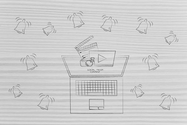 push notifications settings and marketing conceptual illustration: laptop with social media content popping out of the screen from above surrounded by notification icons