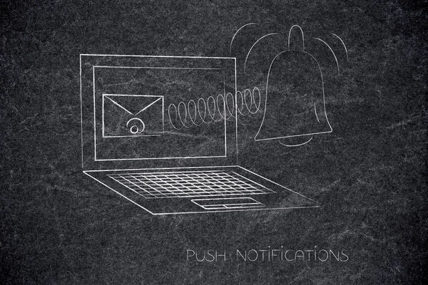 Push Уведомления Маркетинговая Концептуальная Иллюстрация Ноутбук Электронной Почтой Экране Иконкой — стоковое фото