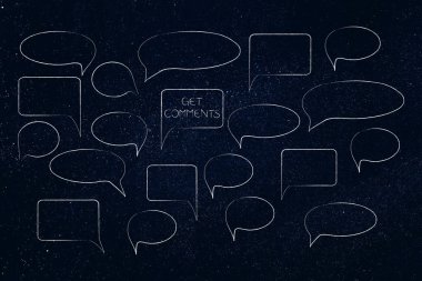 Sosyal Medya Yorumlar ve hedef kitleye geribildirim kavramsal illüstrasyon Başlarken: konuşma balonları farklı şekiller resim yazısı ile Grup