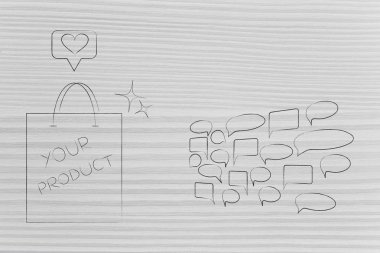 Sosyal Medya Yorumlar ve hedef kitleye geribildirim kavramsal illüstrasyon Başlarken: ürün alışveriş çantası yanında yorum konuşma balonları