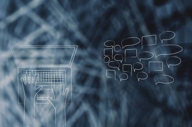 Sosyal Medya Yorumlar ve hedef kitleye geribildirim kavramsal illüstrasyon Başlarken: grup yorum konuşma balonları yanındaki dizüstü bilgisayarda yazarak Kullanıcı