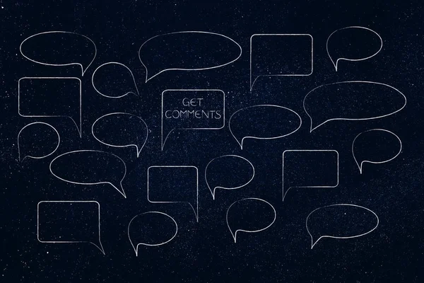 Sosyal Medya Yorumlar ve hedef kitleye geribildirim kavramsal illüstrasyon Başlarken: konuşma balonları farklı şekiller resim yazısı ile Grup