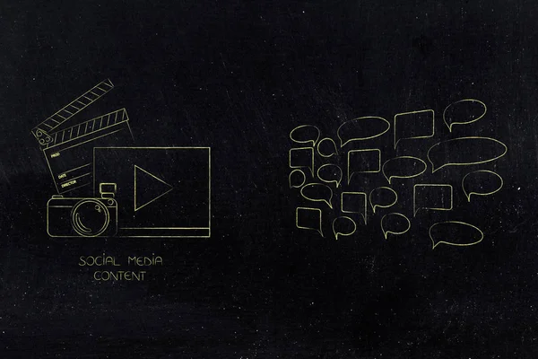 Online iletişim ve izleyici geribildirim kavramsal çizimi: grup yorum konuşma balonları yanında sosyal medya içerik simgesi