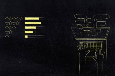 çevrimiçi geri bildirim ve sosyal medya iletişim kavramsal çizimi: dizüstü ekran dışarı haşhaş Yorumlar ile yanında çubuklarla en çok beş yıldızlı rating