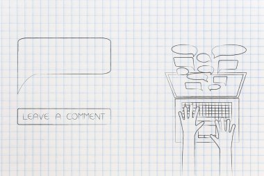 çevrimiçi geri bildirim ve sosyal medya iletişim kavramsal çizimi: boş konuşma balonu ve dizüstü yanında bir yorum düğmesi ile ekranın dışarı haşhaş yorum bırakın