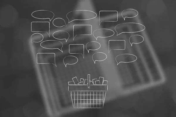 Online Feedback Social Media Communication Conceptual Illustration Shopping Basket Full — Stock Photo, Image