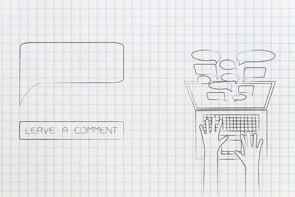 オンラインのフィードバックとソーシャル メディア通信概念図 バルーンを空にし コメントが画面から飛び出し ノート パソコンの横にあるボタンをコメントを残す — ストック写真