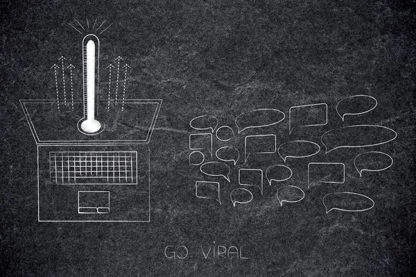Online popülerlik kavramsal çizimi: thermometerpopping dizüstü ekran grup yorum yanında dışarı ile viral simgesini gidin