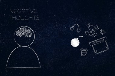 pozitif ve negatif tutum kavramsal çizimi: düşünceler kişi korku temalı simgelerinin yanında vurguladı