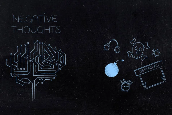 positive and negative attitude conceptual illustration: stressed thoughts circuit brain next to fear-themed icons