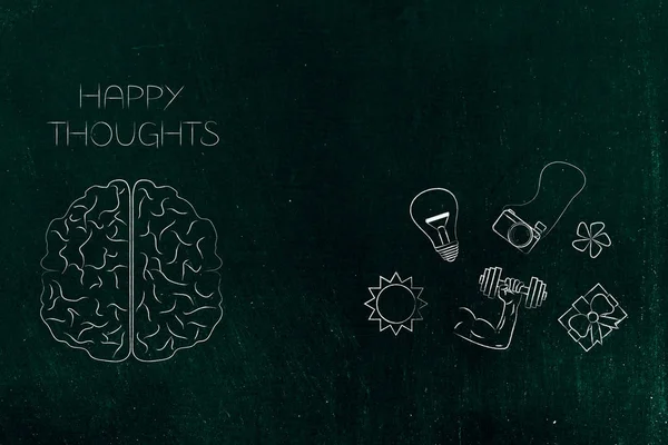 positive and negative attitude conceptual illustration: brain with happy thoughts next to dream-themed icons