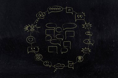 görüş ve geri bildirim kavramsal çizimi: pozitif ve negatif yorum tarafından çevrili komik kabarcıklar