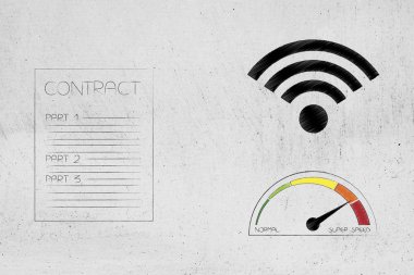 işbirlikleri ve online şirketlerin kavramsal çizimi: sözleşme belge yanındaki wifi simgesi ve hız göstergesi