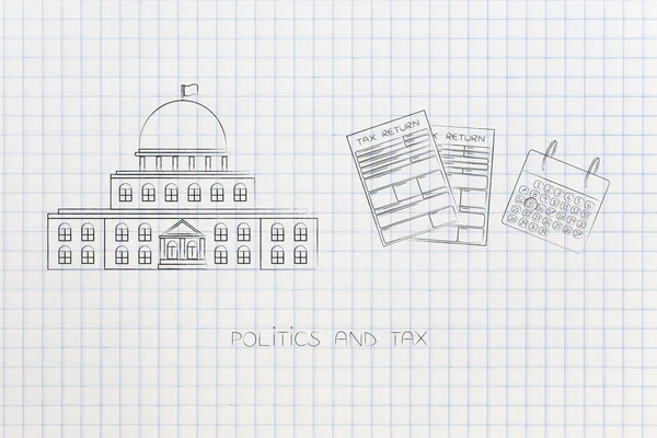 Politik Und Alltag Konzeptionelle Illustration Regierungsgebäude Mit Steuererklärungen Und Kalender — Stockfoto