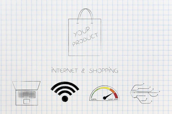 Illustrazione Concettuale Internet Shopping Shopping Bag Prodotto Con Icone Connessione — Foto Stock