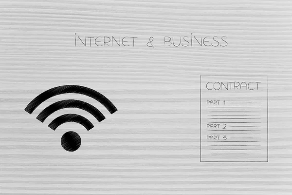 Koncepcyjna Ilustracja Firm Internetowych Współpracy Dokument Umowy Obok Ikonkę Wifi — Zdjęcie stockowe
